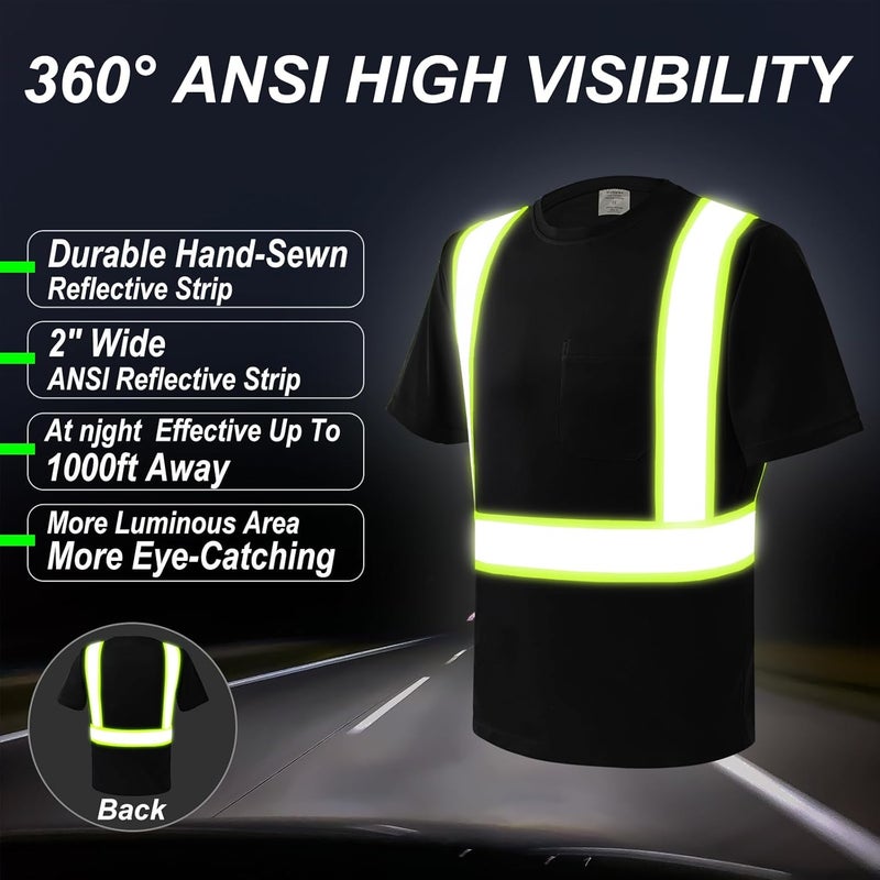 wefeyuv Store 3PCS-High Visibility Shirts Quick Dry Safety T Shirts with Pocket and 3 Reflective Strips Short Sleeve Mesh Hi Vis Construction Work Class 2 Shirt for Men/Women, Black 2XL - Image 2